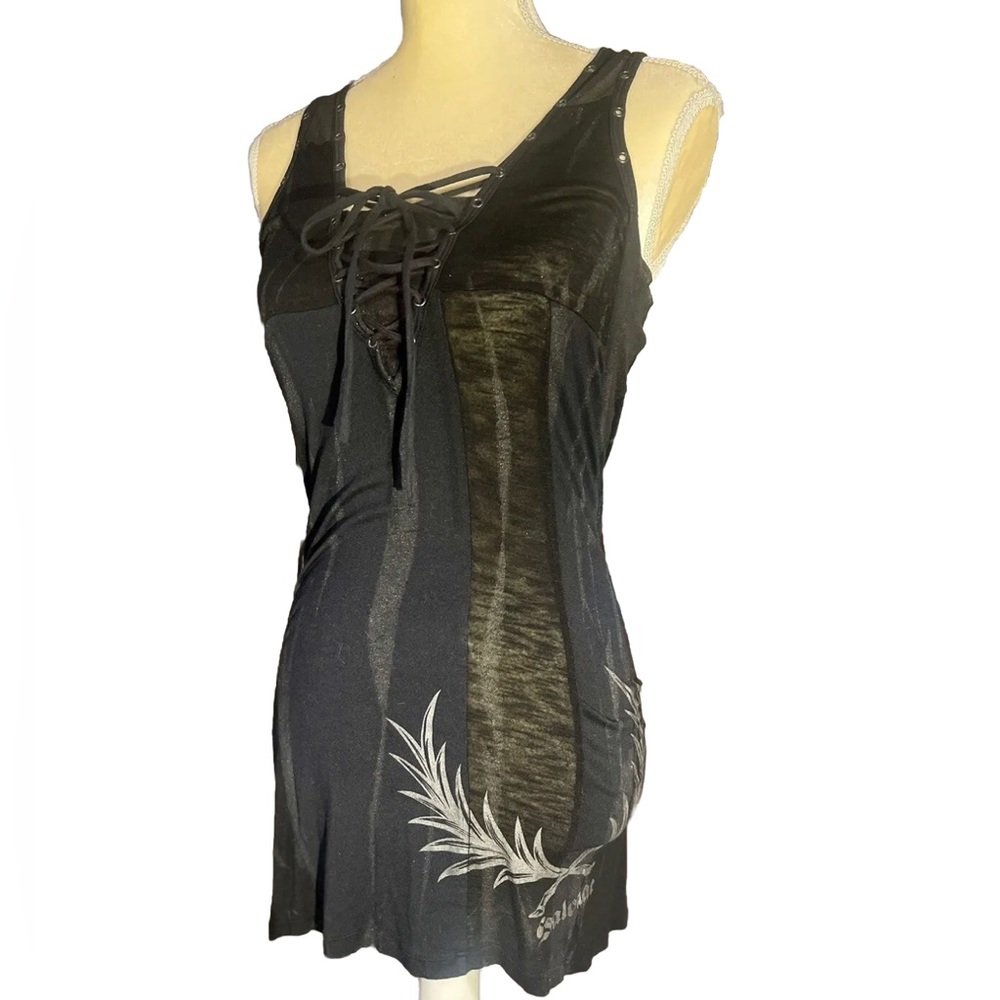 Salvage Strappy Sexy Little Black Dress / Tunic Lace Up V Neck Dollskill Club